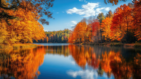 A peaceful lake surrounded by trees with bright fall colors reflecting on the water.の素材