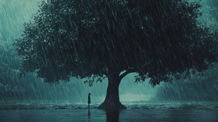 A person standing under a large tree for shelter as rain pours down all around.の素材