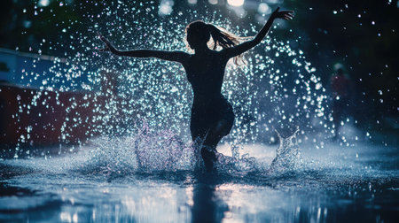 A person dancing joyfully in the rain, surrounded by water splashes.の素材