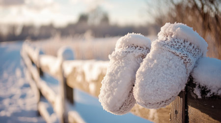 A pair of snow-covered mittens resting on a wooden fence, with a snowy field in the background.の素材