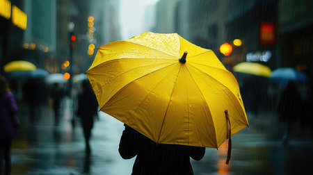 A person walking down a city street holding a bright yellow umbrella in the pouring rain.の素材