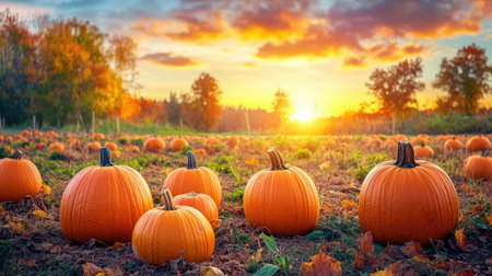 A pumpkin patch at sunset, with rows of bright orange pumpkins and colorful fall trees in the background.の素材