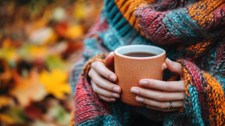 A person wearing a cozy scarf and sipping a hot beverage, surrounded by vibrant fall foliage.の素材