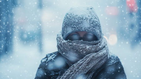 A person wrapped in a thick winter coat and scarf, walking through a blizzard.の素材