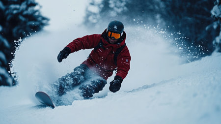 A snowboarder carving down a snowy slope, kicking up fresh powder as they make their way down.の素材