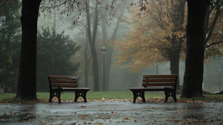 A rainy day at the park, with benches and trees covered in droplets and mist in the background.の素材
