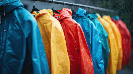 A row of colorful raincoats hanging outside, drenched from the rain.の素材