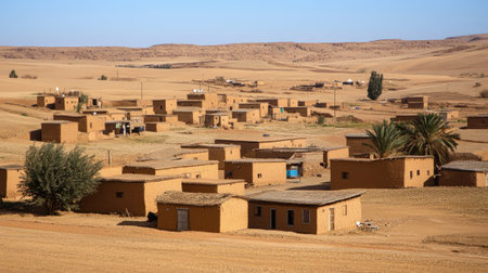 A remote desert village, its mud-brick homes blending into the surrounding sandy landscape.の素材