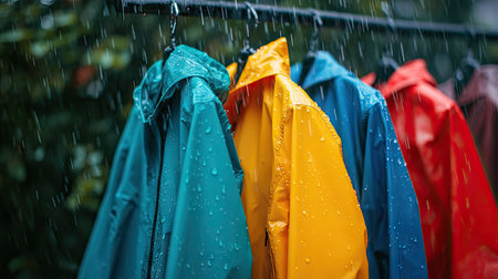 A row of colorful raincoats hanging outside, drenched from the rain.の素材