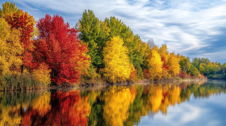 A scenic view of a riverbank lined with trees in full fall colors, reflecting in the waterの素材