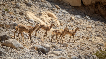 A small herd of wild desert goats navigating a rocky, barren terrain, searching for scarce vegetation.の素材