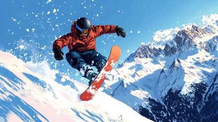 A snowboarder catching air off a jump, with snowy mountains in the background.の素材