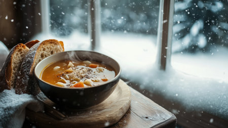 A steaming bowl of soup with crusty bread, set on a wooden table by a snow-covered window.の素材