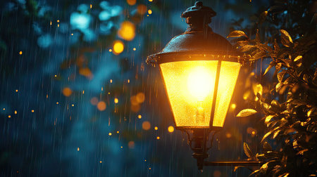 A streetlamp glowing through the mist of a light rain, with raindrops falling in the glow.の素材