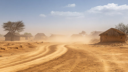 A traditional African village coping with the dry season, with dust blowing and water being scarce.の素材