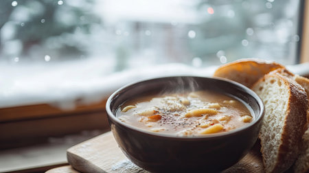 A steaming bowl of soup with crusty bread, set on a wooden table by a snow-covered window.の素材