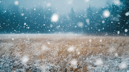A snowstorm blowing across an open field, with heavy winds and swirling snowflakes.の素材