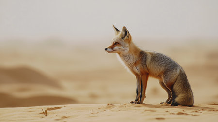 A solitary desert fox, its fur blending with the sand, on the lookout for food in the barren landscape.の素材
