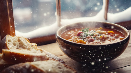 A steaming bowl of soup with crusty bread, set on a wooden table by a snow-covered window.の素材