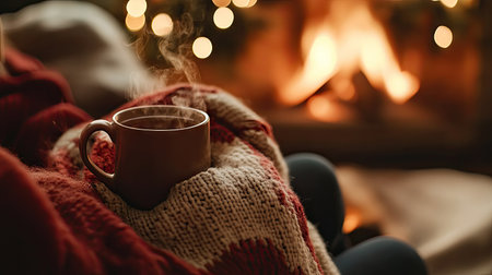 A person cozying up by the fire, wrapped in a blanket with a cup of hot tea.の素材