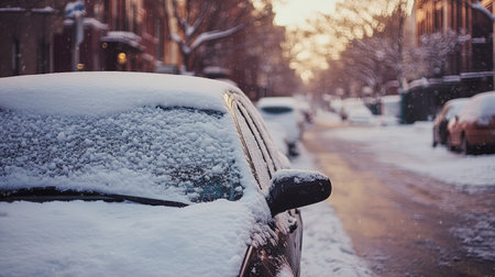 A snow-covered car parked on a street, with snow piled high on the windshield and roof.の素材