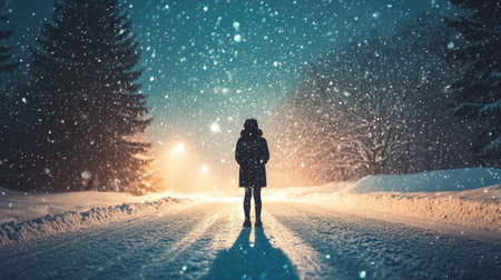 A person standing in the middle of a snow-covered road, looking up at the snow falling from the sky.の素材