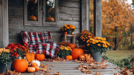 A rustic wooden porch decorated with pumpkins, mums, and a plaid blanket, with fallen leaves scattered around.の素材