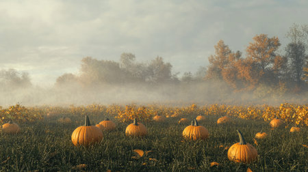 A foggy autumn morning in the countryside, with a field of pumpkins and trees in the backgroundの素材