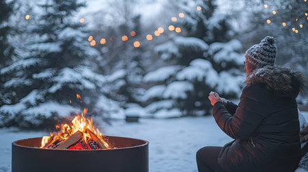 A person warming their hands by a fire pit in a snowy backyard, with snow-covered trees in the background.の素材