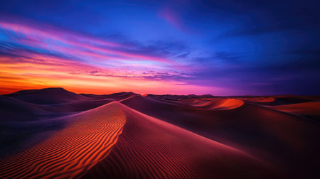 A stunning desert landscape at dusk, with the sky painted in deep shades of purple and blue, and the sand glowing orange.の素材