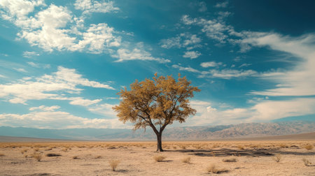 A solitary tree standing tall in the middle of the desert, a symbol of resilience in the harsh environmentの素材