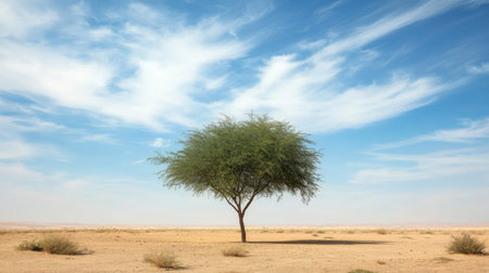 A solitary tree standing tall in the middle of the desert, a symbol of resilience in the harsh environmentの素材