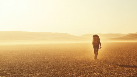 A solitary traveler walking across a dusty desert plain during the dry season, with a backpack and sun protection.の素材