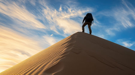 A solitary hiker ascending a massive sand dune, silhouetted against the sky with sand slipping beneath their feet.の素材
