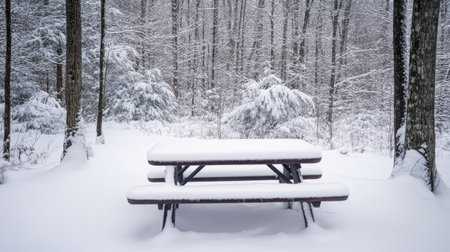 A winter picnic table covered in a thick layer of snow, set against a snowy forest.の素材