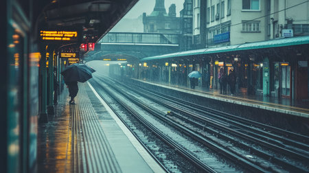 A train station platform on a rainy day, with commuters waiting under umbrellas.の素材