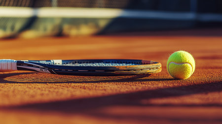 Close-up of a tennis racket and ball on a clay court, with focus on the texture of the court.の素材