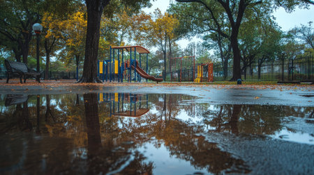 A wet city park with rain puddles reflecting the trees and playground.の素材