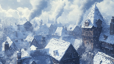 A winter village scene with snow-covered rooftops and smoke rising from chimneys.の素材