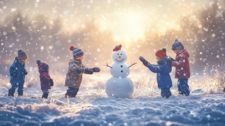 Children building a snowman in the middle of a snow-covered field, with snowflakes swirling in the air.の素材