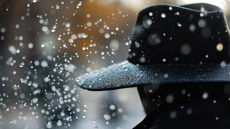 Close-up of water droplets falling from the brim of a hat, as a person walks in the rain.の素材