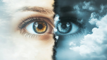 Conceptual image of cataracts, showing the progression from clear vision to foggy, clouded visionの素材
