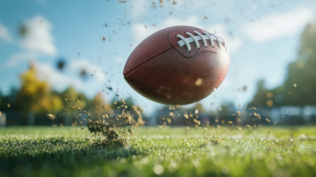 Close-up of a football being kicked off a tee, with the ball soaring through the air.の素材