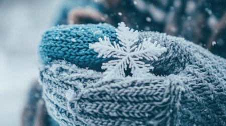 Close-up of snowflakes resting on a person's woolen scarf and gloves.の素材