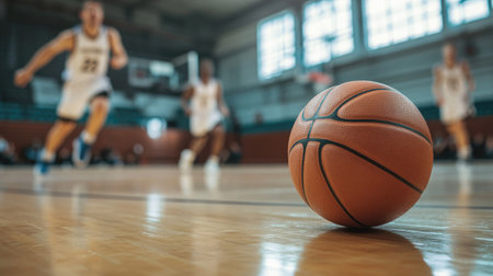 Close-up of a basketball bouncing on the court, with a player running towards it.の素材