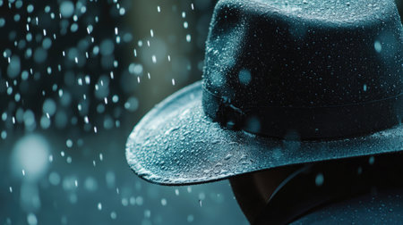 Close-up of water droplets falling from the brim of a hat, as a person walks in the rain.の素材