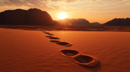 Footprints in the desert sand leading toward a distant mountain range under a setting sun.の素材