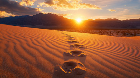 Footprints in the desert sand leading toward a distant mountain range under a setting sun.の素材