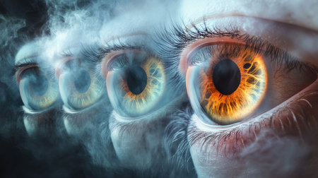 Conceptual image of cataracts, showing the progression from clear vision to foggy, clouded visionの素材