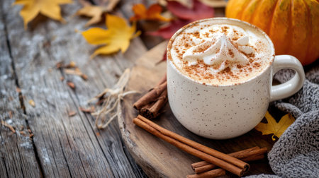 Pumpkin spice latte on a wooden table with cinnamon sticks, surrounded by autumn leaves.の素材